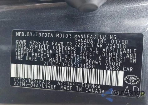 2009 Toyota Matrix S z USA, uszkodzony, nr VIN 2T1LE40E49C001690